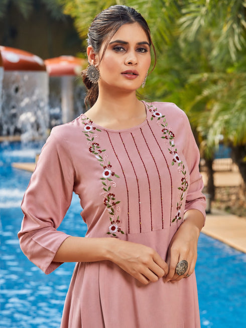 Peach Heavy Rayon Embroidered Long Anarkali Kurti