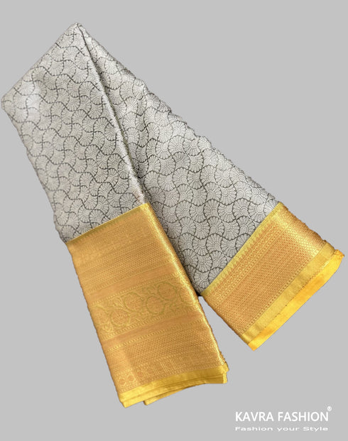 Semi Banarasi Kora Muslin Tanchui Soft Silk Saree Grey and Mustard