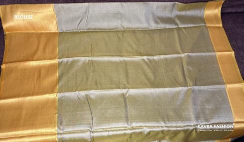 Semi Banarasi Kora Muslin Tanchui Soft Silk Saree Grey and Mustard