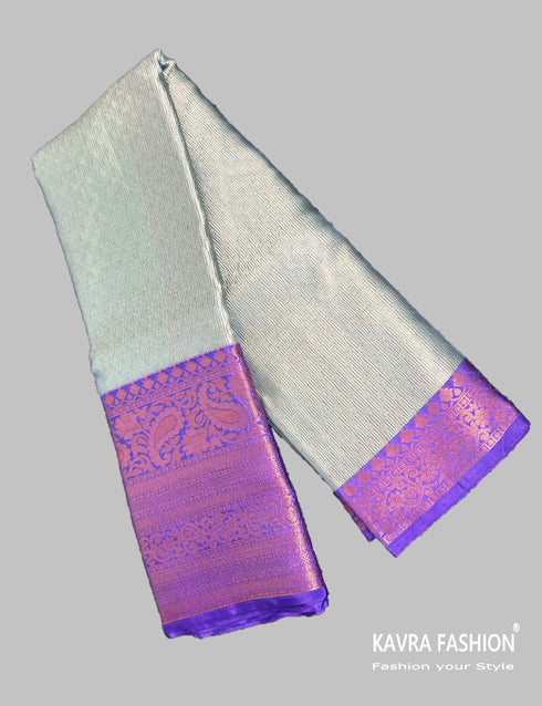 Semi Banarasi Kora Muslin Tanchui Soft Silk Saree Green and Purple