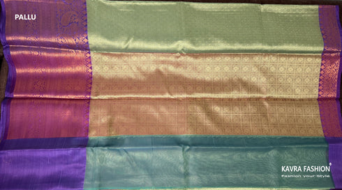 Semi Banarasi Kora Muslin Tanchui Soft Silk Saree Green and Purple