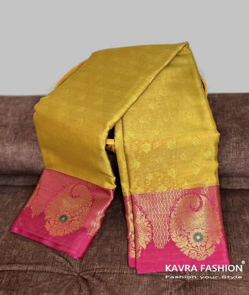 Semi Banarasi Kora Muslin Tanchui Soft Silk Saree Mustard and Pink