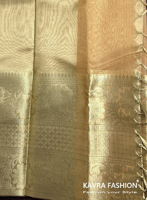 Orange Soft Semi Banarasi Tissue Silk Saree with Floral Zari Border