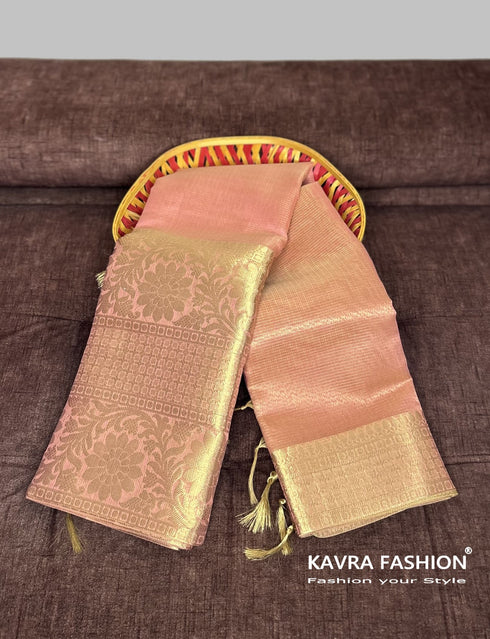 Pink Soft Semi Banarasi Tissue Silk Saree with Floral Zari Border