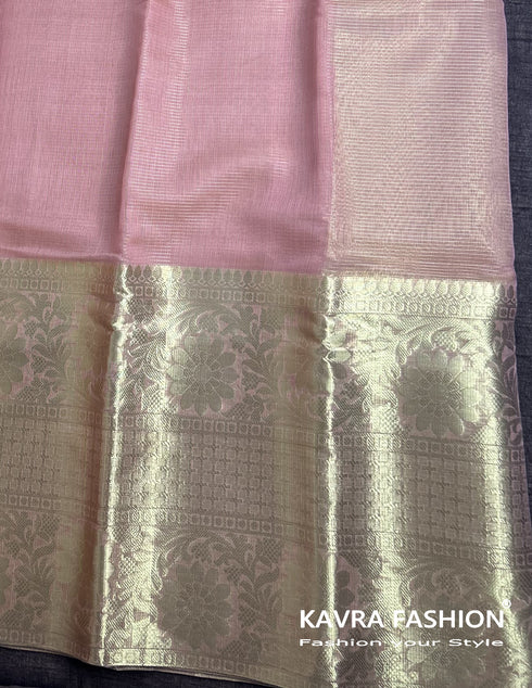 Pink Soft Semi Banarasi Tissue Silk Saree with Floral Zari Border