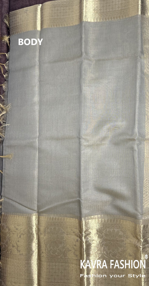 Grey Soft Semi Banarasi Tissue Silk Saree with Floral Zari Border