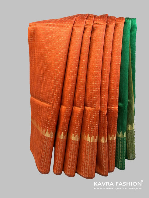Semi Raw Silk Orange Handloom Saree with all over Khapa dots and khapa temple border