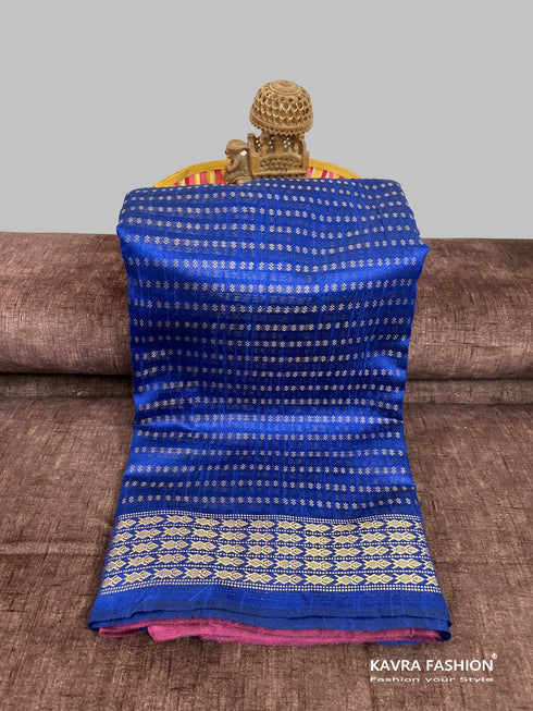 Semi Raw Silk Blue Handloom Saree with all over Khapa dots and khapa border
