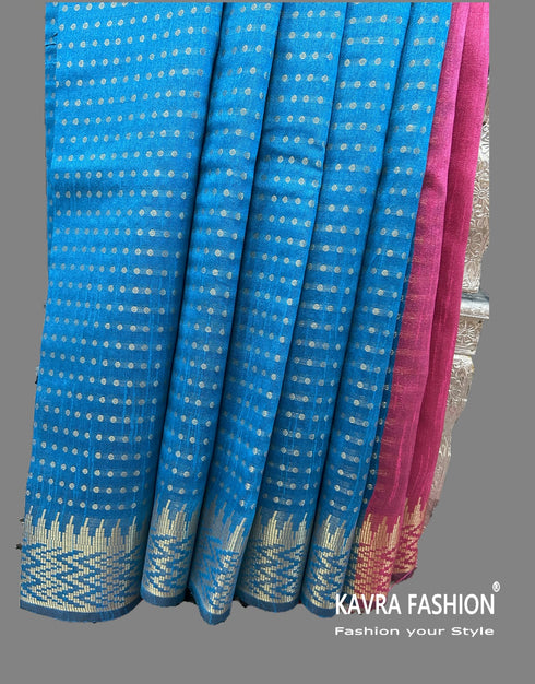 Semi Raw Silk Turquoise Blue Handloom Saree with all over Khapa dots and khapa temple border