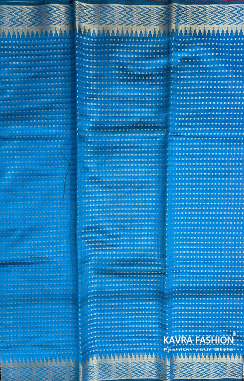 Semi Raw Silk Turquoise Blue Handloom Saree with all over Khapa dots and khapa temple border