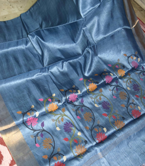 Turquoise Pure Kosa Silk Saree with Golden Zari Border and Hand Woven Pallu with Floral Motifs