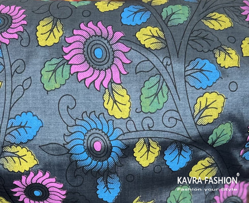 Grey Kanchi Cotton Kalamkari Hand Paint Handloom Saree with Contrast Pallu and Border