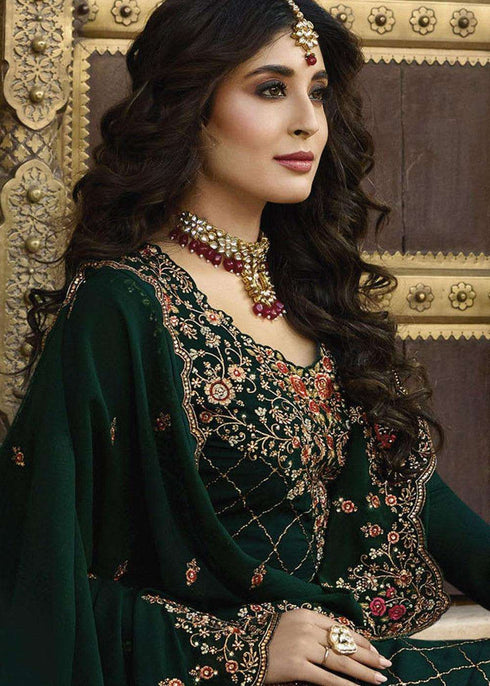 Krithika Kamra Bottle Green Satin Georgette Embroidery Designer Salwar Suit