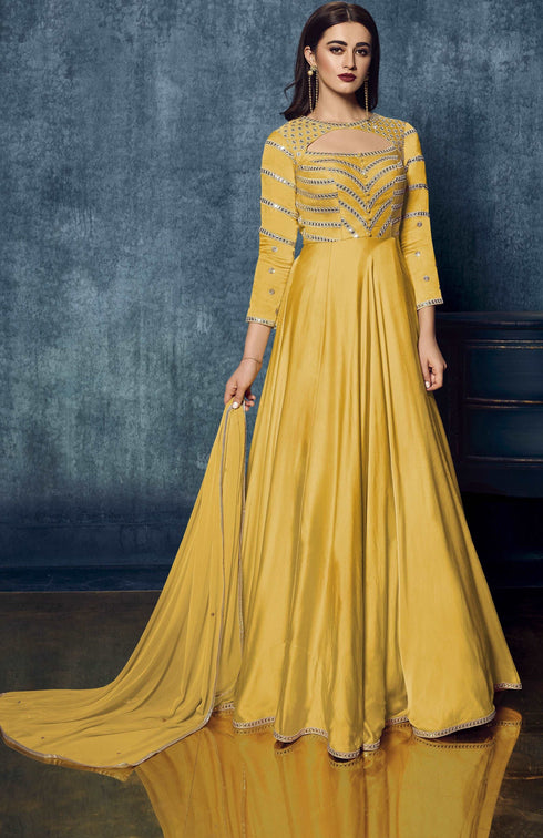 Yellow Modal Satin Gown with Dupatta with Zari Work