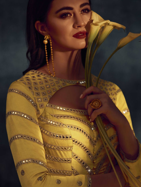 Yellow Modal Satin Gown with Dupatta with Zari Work