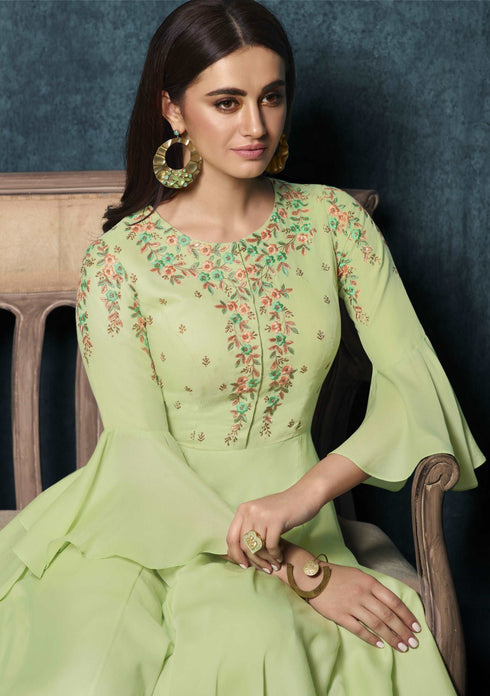 Pista Green Modal Satin Gown with Dupatta with Zari Work