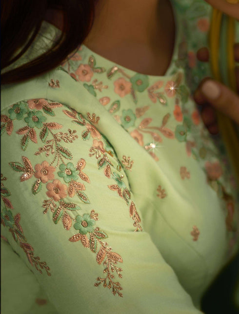 Pista Green Modal Satin Gown with Dupatta with Zari Work