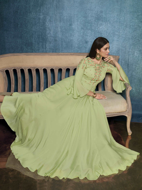 Pista Green Modal Satin Gown with Dupatta with Zari Work