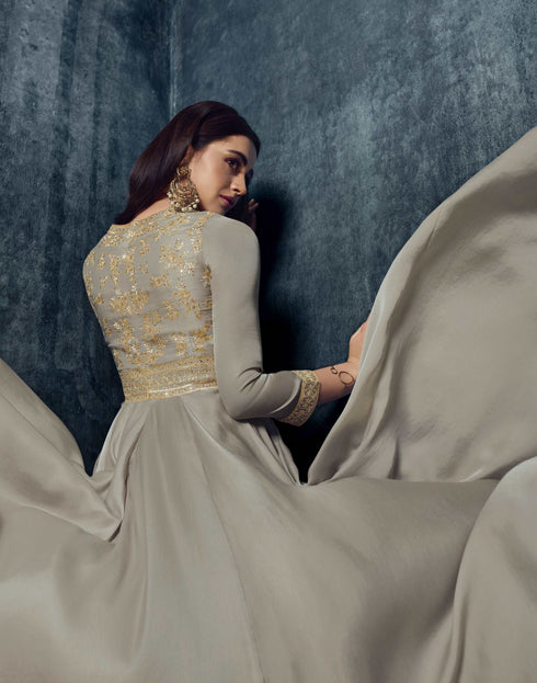 Grey Modal Satin Gown with Dupatta with Zari Work