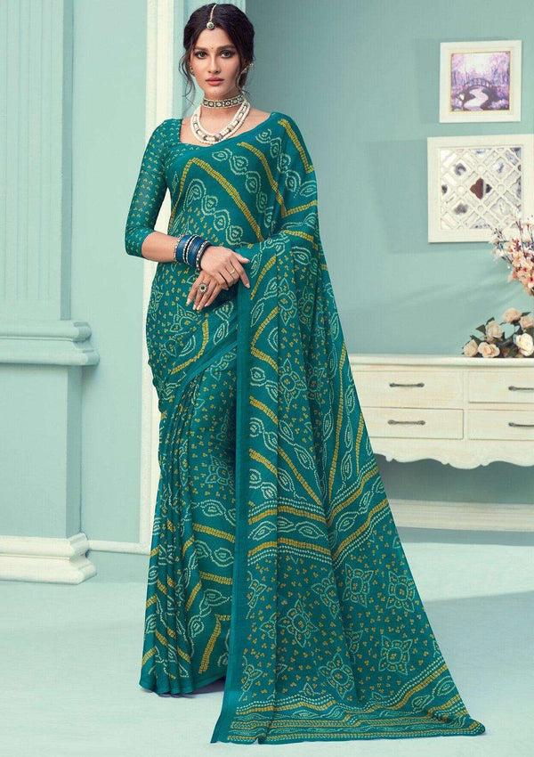 Teal Bandhani Print Chiffon Saree with matching Blouse