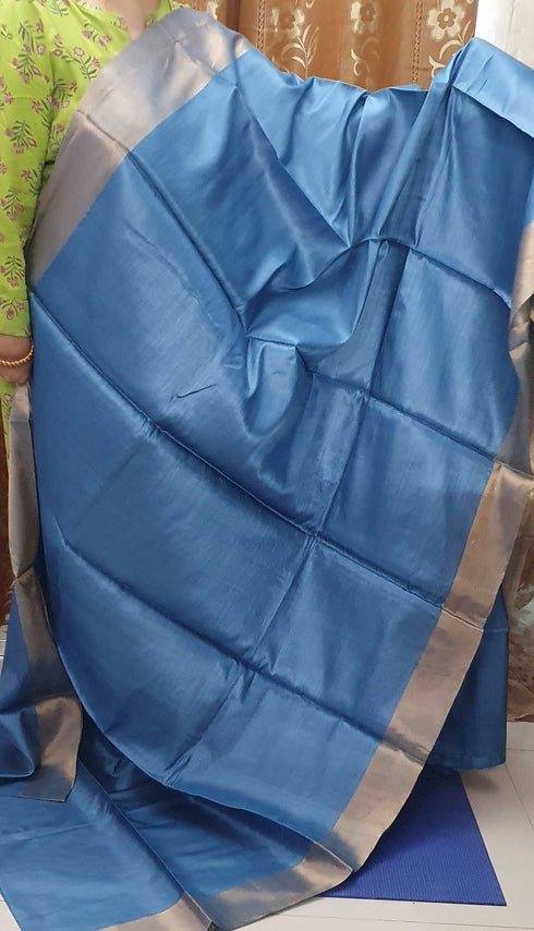 Turquoise Pure Kosa Silk Saree with Golden Zari Border and Hand Woven Pallu with Floral Motifs