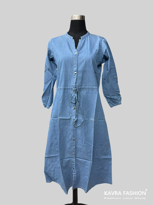 Readymade Blue 100% Denim Knee Length Front Open Flared Kurti