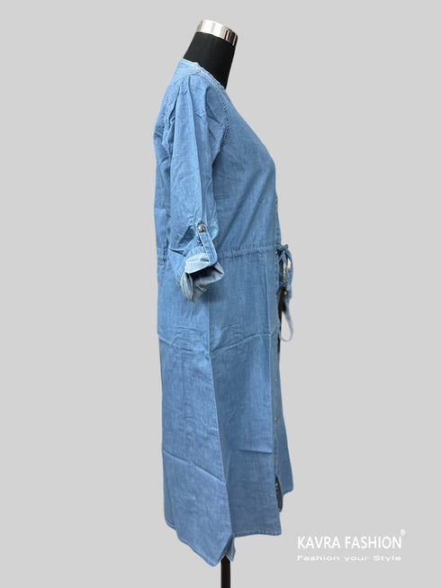 Readymade Blue 100% Denim Knee Length Front Open Flared Kurti