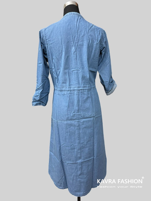 Readymade Blue 100% Denim Knee Length Front Open Flared Kurti