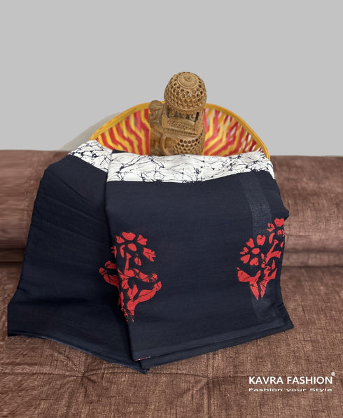 Black Hand Printed Mulmul Saree Black Red White Border