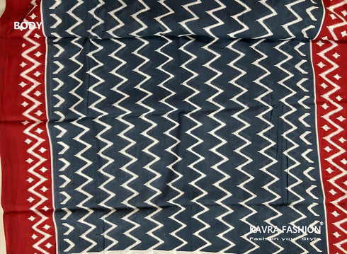 Grey Hand Printed Mulmul Saree with Red Border