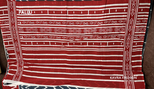 Grey Hand Printed Mulmul Saree with Red Border