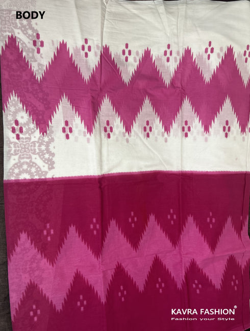 Pink Hand Printed Mulmul Saree with White Border