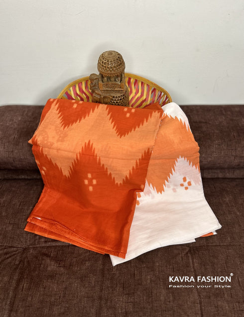 Orange Hand Block Printed Mulmul Saree with White Border