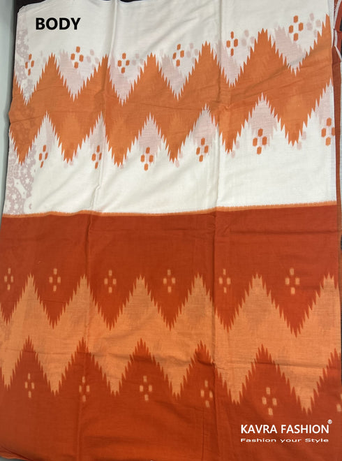 Orange Hand Block Printed Mulmul Saree with White Border