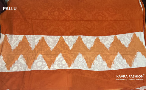 Orange Hand Block Printed Mulmul Saree with White Border