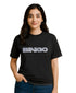 Woman wearing a white t-shirt with 'BIINGO' logo on a black background