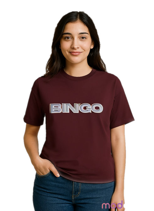 Person wearing a maroon t-shirt with 'BINGO' printed on it against a maroon background