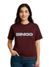 Person wearing a maroon t-shirt with 'BINGO' printed on it against a maroon background