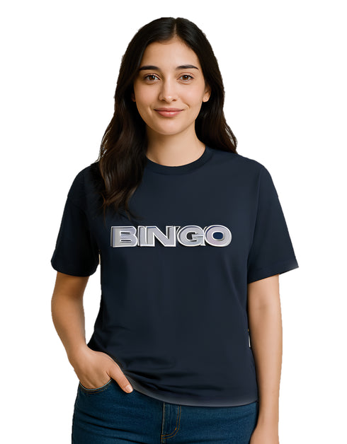 Person wearing a black t-shirt with 'BINGO' printed on it against a navy blue background