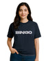 Person wearing a black t-shirt with 'BINGO' printed on it against a navy blue background