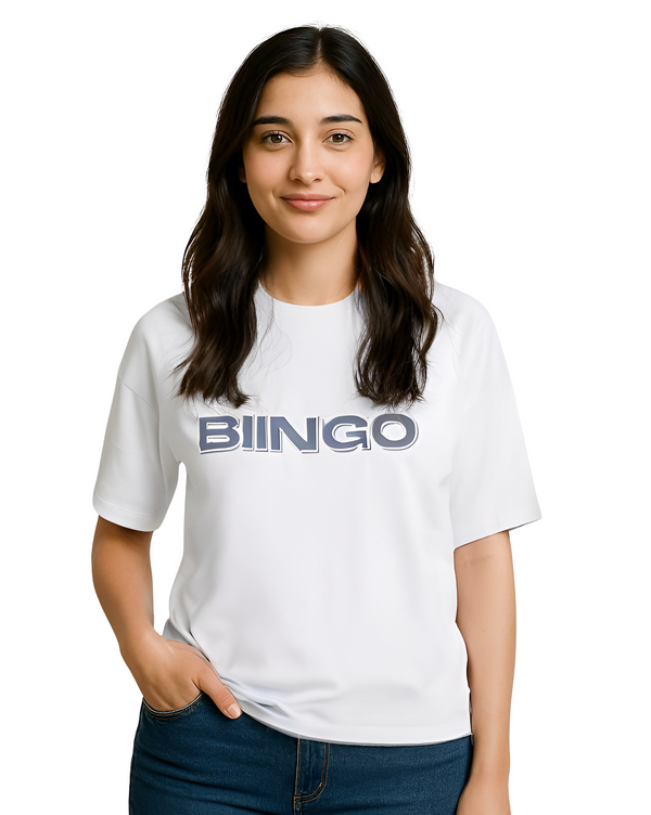 Woman wearing a white t-shirt with 'BIINGO' logo on a white background