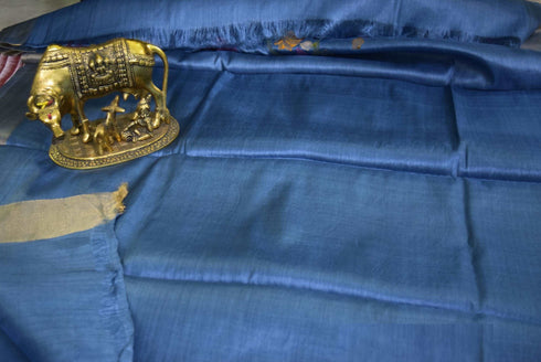 Turquoise Pure Kosa Silk Saree with Golden Zari Border and Hand Woven Pallu with Floral Motifs