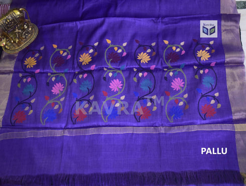 Purple Pure Kosa Silk Handloom Saree with Golden Zari Border and Hand Woven Pallu with Floral Motifs