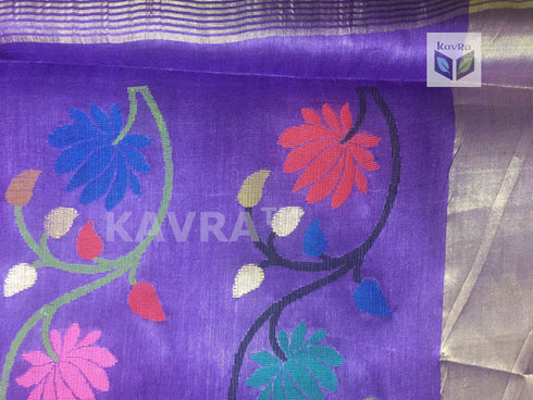Purple Pure Kosa Silk Handloom Saree with Golden Zari Border and Hand Woven Pallu with Floral Motifs