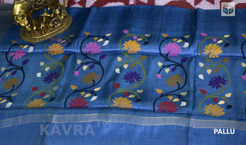 Turquoise Pure Kosa Silk Saree with Golden Zari Border and Hand Woven Pallu with Floral Motifs