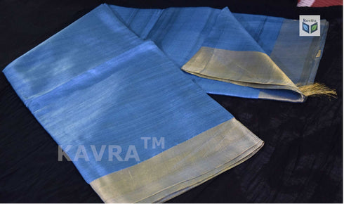 Turquoise Pure Kosa Silk Saree with Golden Zari Border and Hand Woven Pallu with Floral Motifs