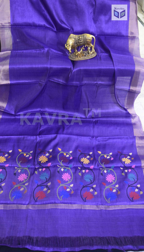 Purple Pure Kosa Silk Handloom Saree with Golden Zari Border and Hand Woven Pallu with Floral Motifs
