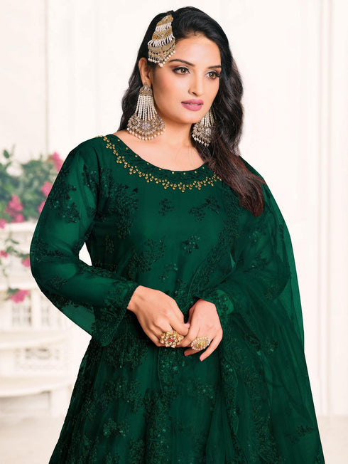 Bottle Green Net Designer Anarkali Suit