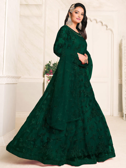 Bottle Green Net Designer Anarkali Suit