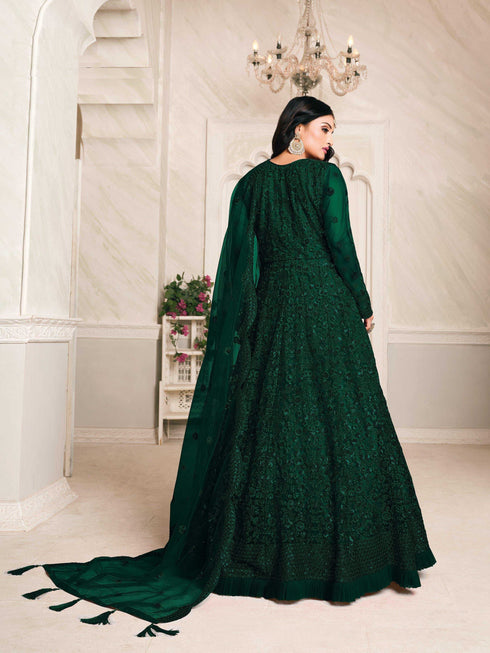 Bottle Green Net Designer Anarkali Suit